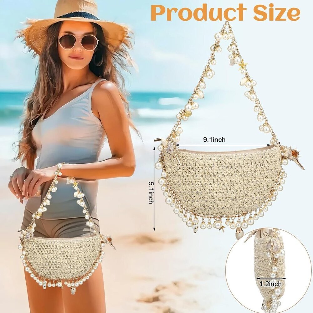 Chic Cloud Dumpling Straw Handbag With Pearl Stra… - image 2